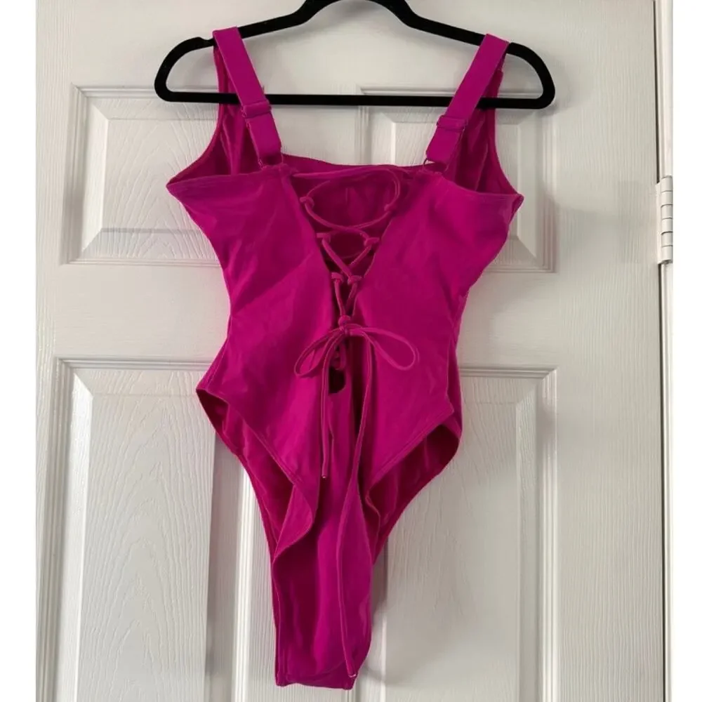 ta3 hi cut squarey one piece swim in pink, women size large regular / long